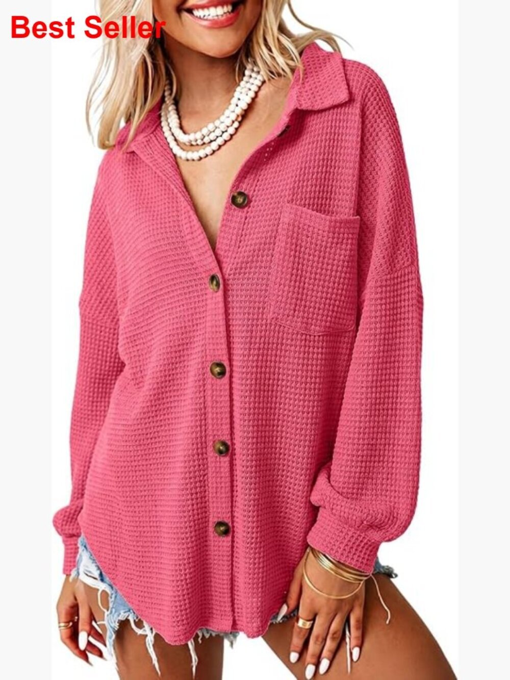 Waffle Knit Button Down Shacket Jacket Long Sleeve Casual Blouse Tops